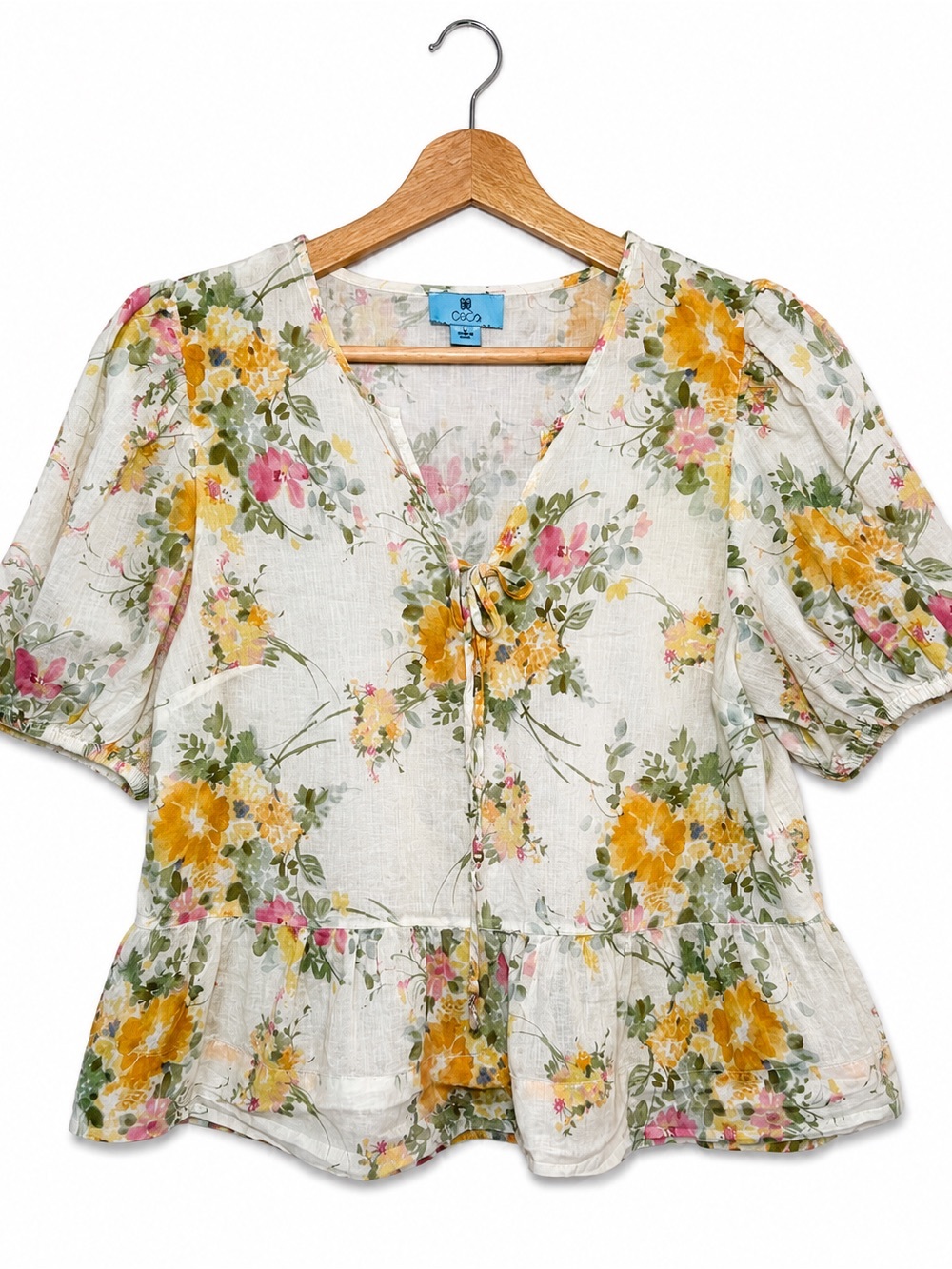CeCe Floral Peplum Blouse | Cottagecore Puff Sleeve Top | Feminine Spring - Picture 2 of 8